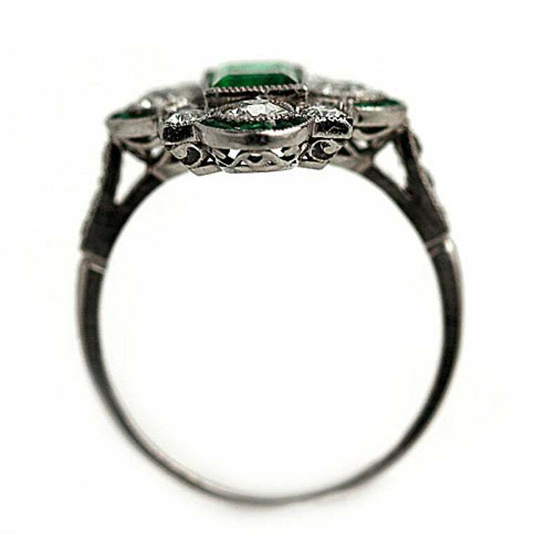 Lab-Created Intense Green Bezel Set Emerald & Old White CZ Art Deco Vintage Ring