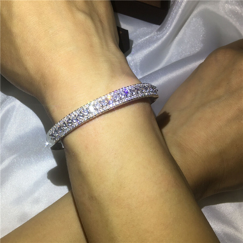 3.25 TCW Round Cut Moissanite 3-Rows Bangle Bracelet In 14k White Gold Plated