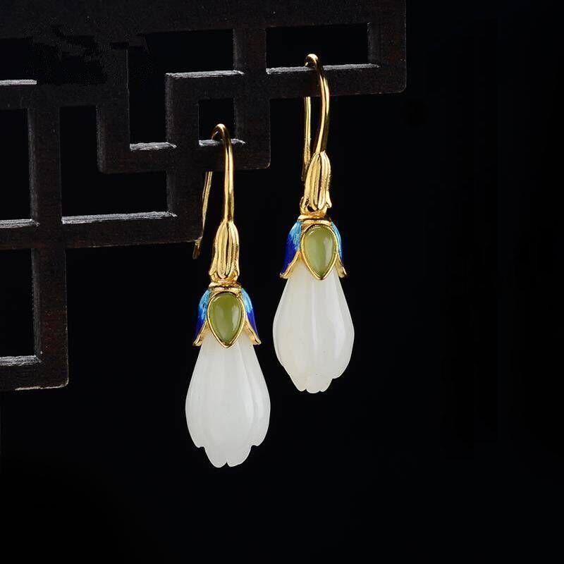 Jade Magnolia Earrings Enamel Drop Dangle Hook Chinese Style for Women