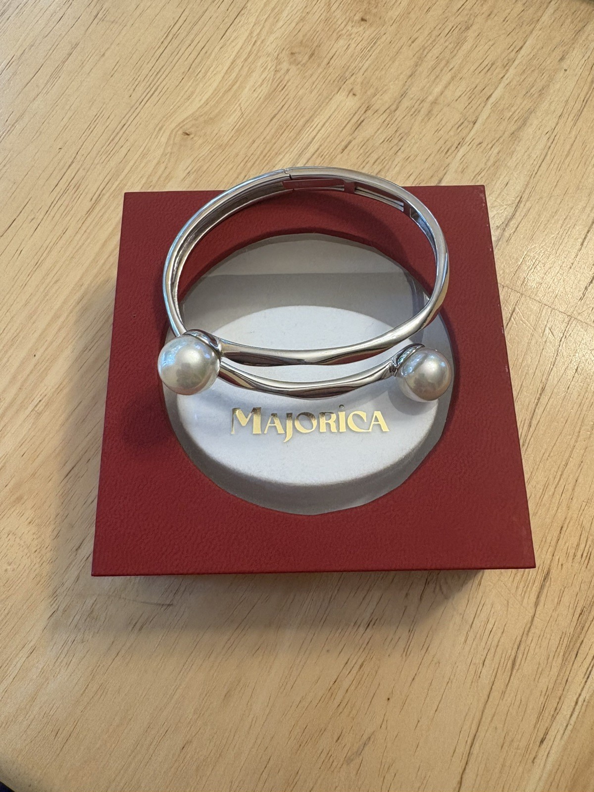 Majorica Sterling Silver Imitation Pearl Hinged Bypass Bangle Bracelet