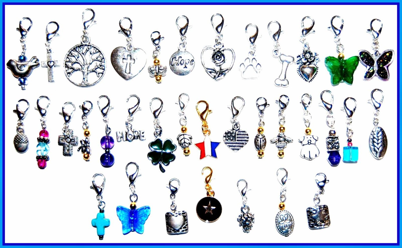 TINY CLIP ON CHARMS Faith Butterfly Patriotic Dog Bird Hope Beaded FAST SHIPPING