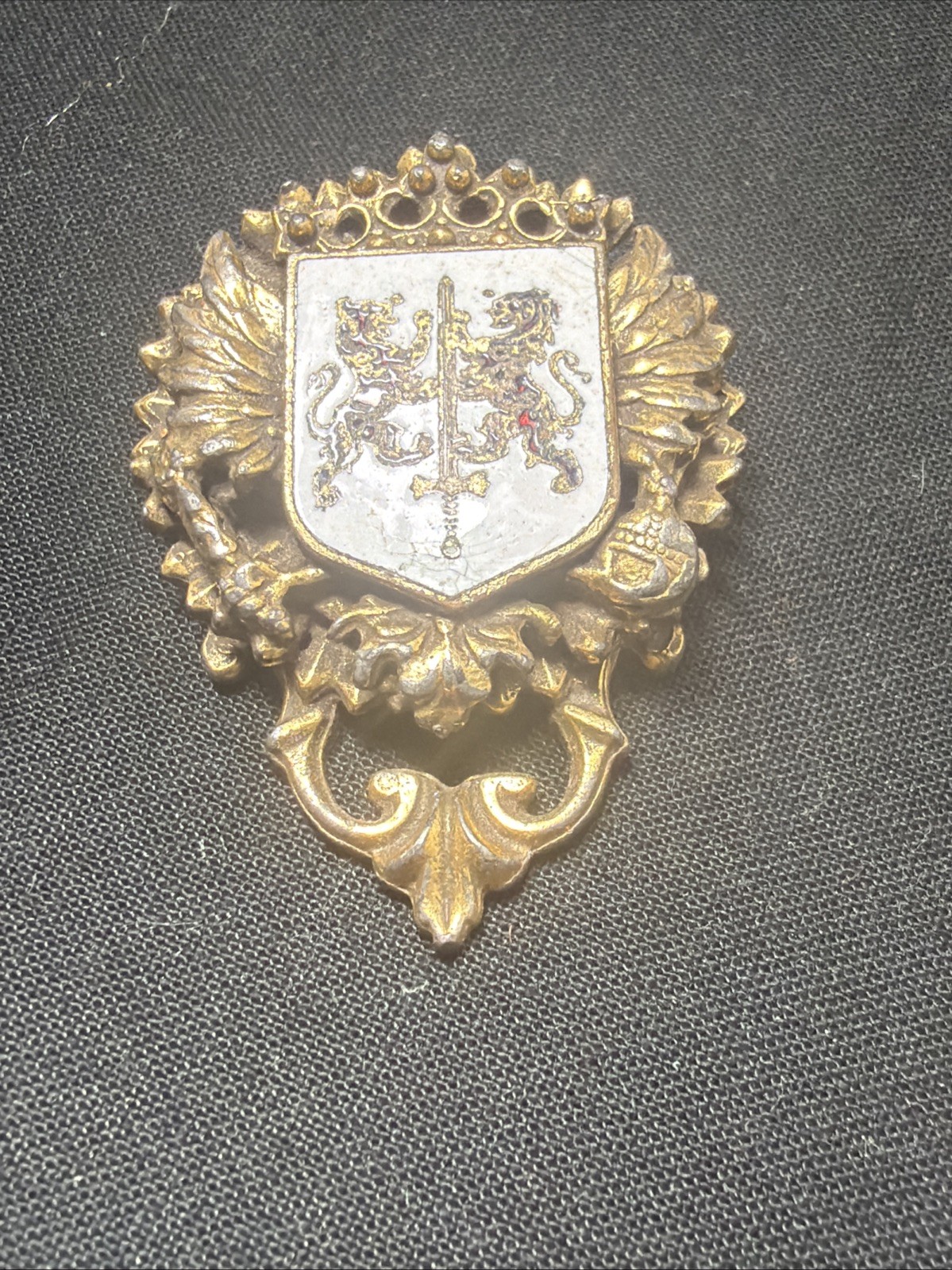 Vintage Heraldic Coat of Arms Standing Red Lions Laurels Fleur De Lis Brooch Pin