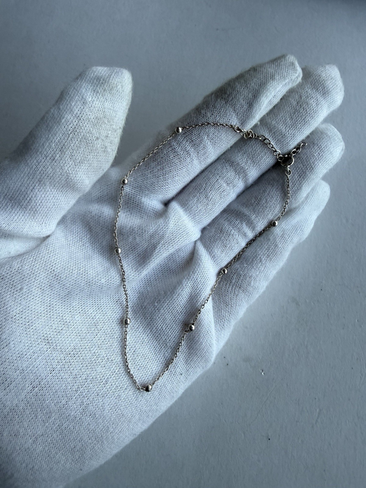 925 Sterling Silver Beaded Station Anklet Chain Minimalist 1.29g
