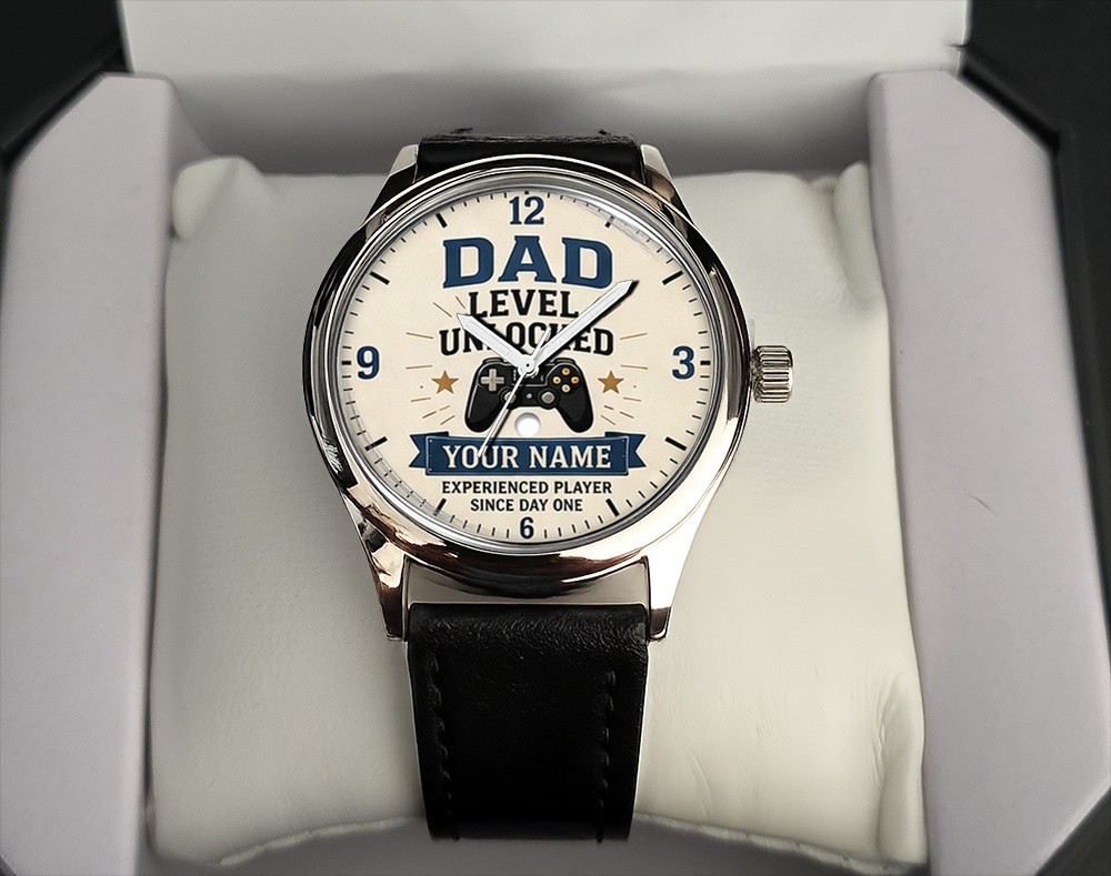 Dad Level Unlocked Personalised Gamer Dad Watch Gift 38mm Dial Boxed