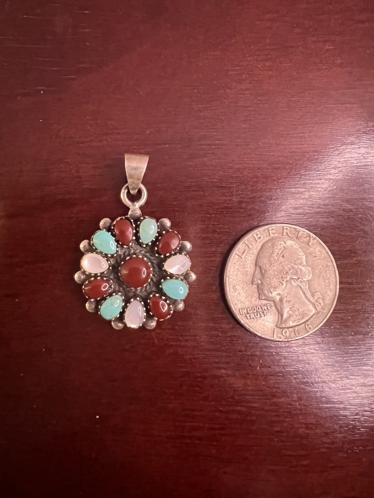 925 Sterling Silver Turquoise Red Coral Mother of Pearl Cluster Pendant