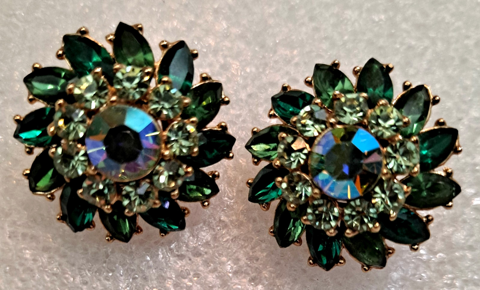 Trifari Rich Green Ira Desert Rhinestone & Aurora Borealis Clip Earrings