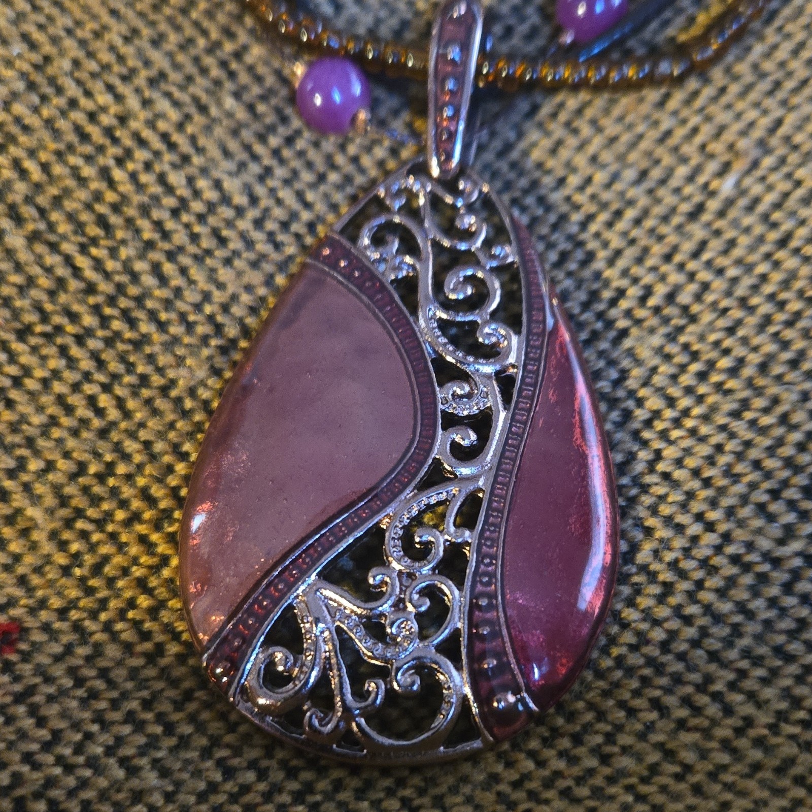 Layered Purple Glass Beaded Cord Necklace Silver Tone Teardrop Charm Lobster