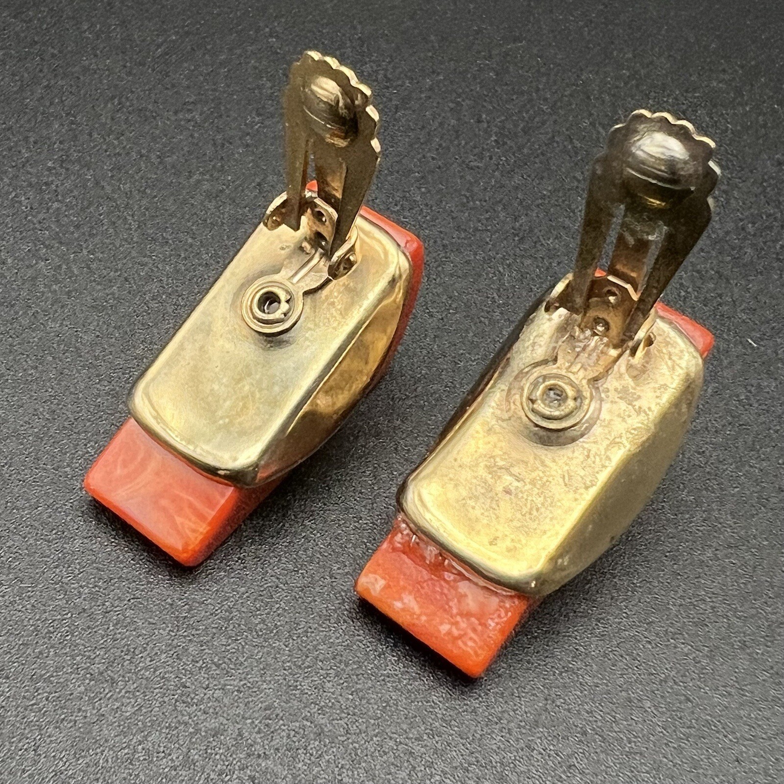 Vintage MCM Mod Blood Orange Bakelite Wedge Clip-on Earring Set Dress Shoe Clips