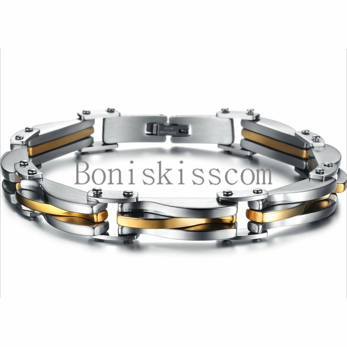 Two Tone Stainless Steel Men’s Link Bracelet 8.66 Inch Length Silver Gold Color