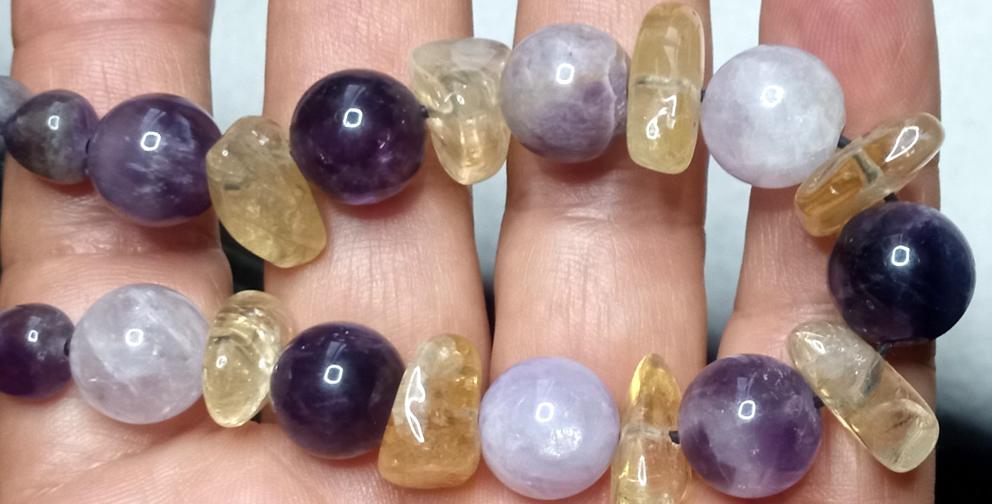 Genuine Citrine big chips and Amethyst handmade and adjustable necklace.
