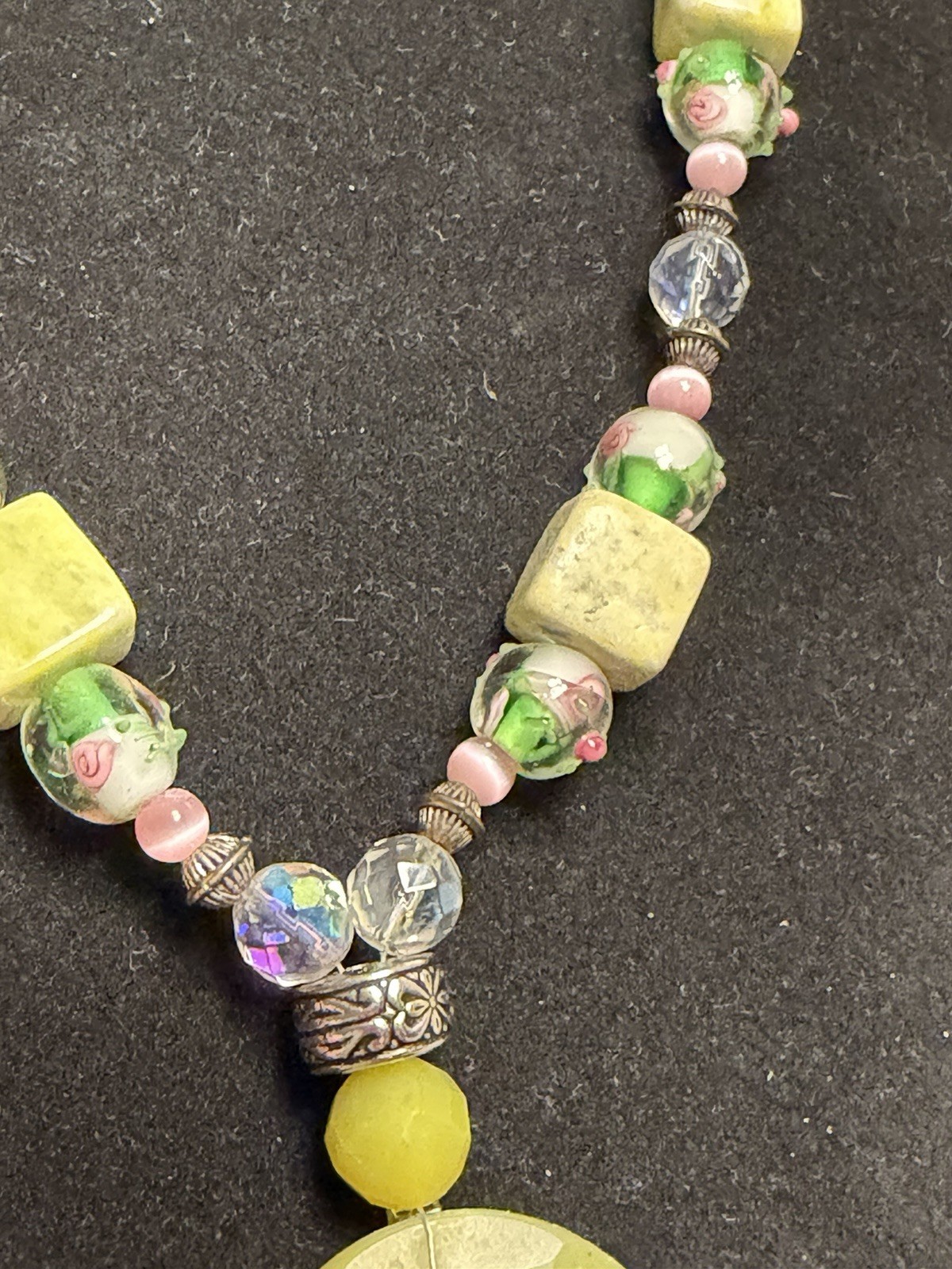 Artisan Lampwork Glass Necklace Bracelet Set Green Stone AB Crystal Floral