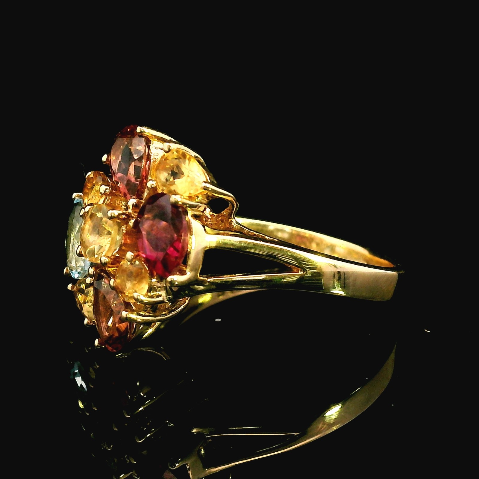 9ct Yellow Gold Ring Amethyst Topaz Garnet Sapphire Multi Gemstone 3.8g Stamped