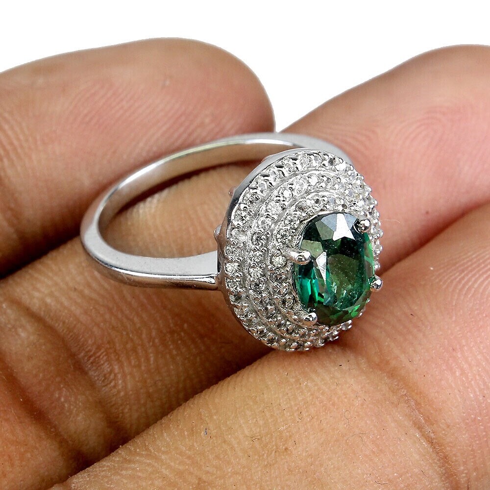Diffused Oval Green Topaz 8x6mm White Topaz 925 Sterling Silver Ring