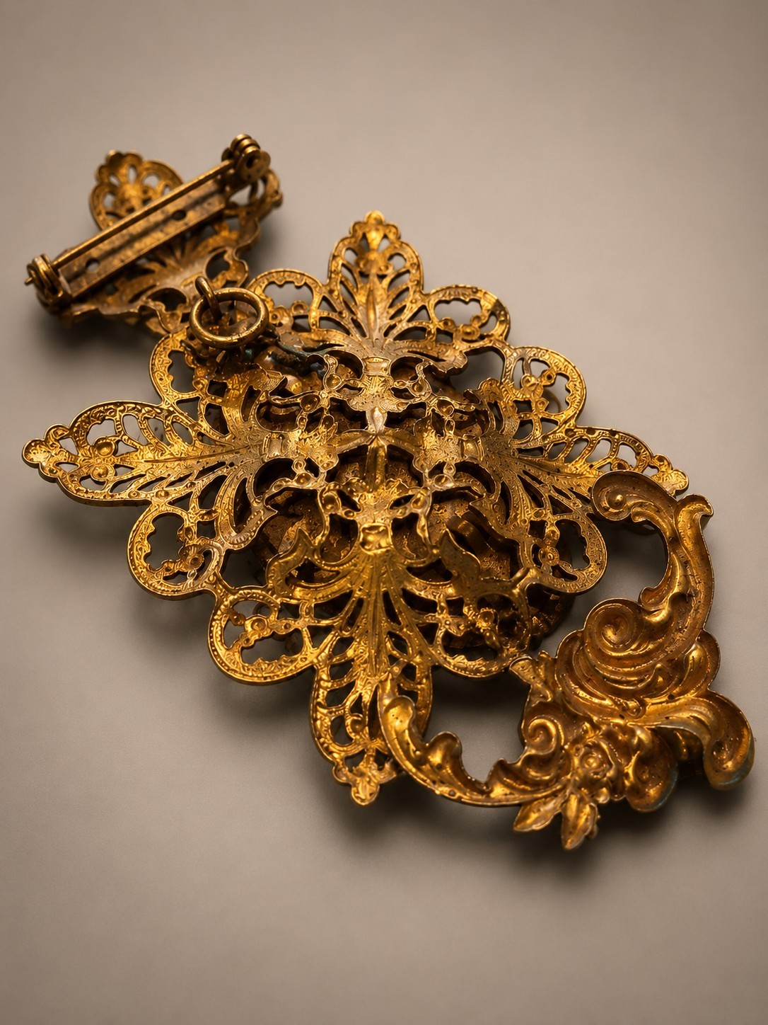 Gold Tone Filigree Brooch Pin, Oval Gray Stone, Asymmetrical Art Floral