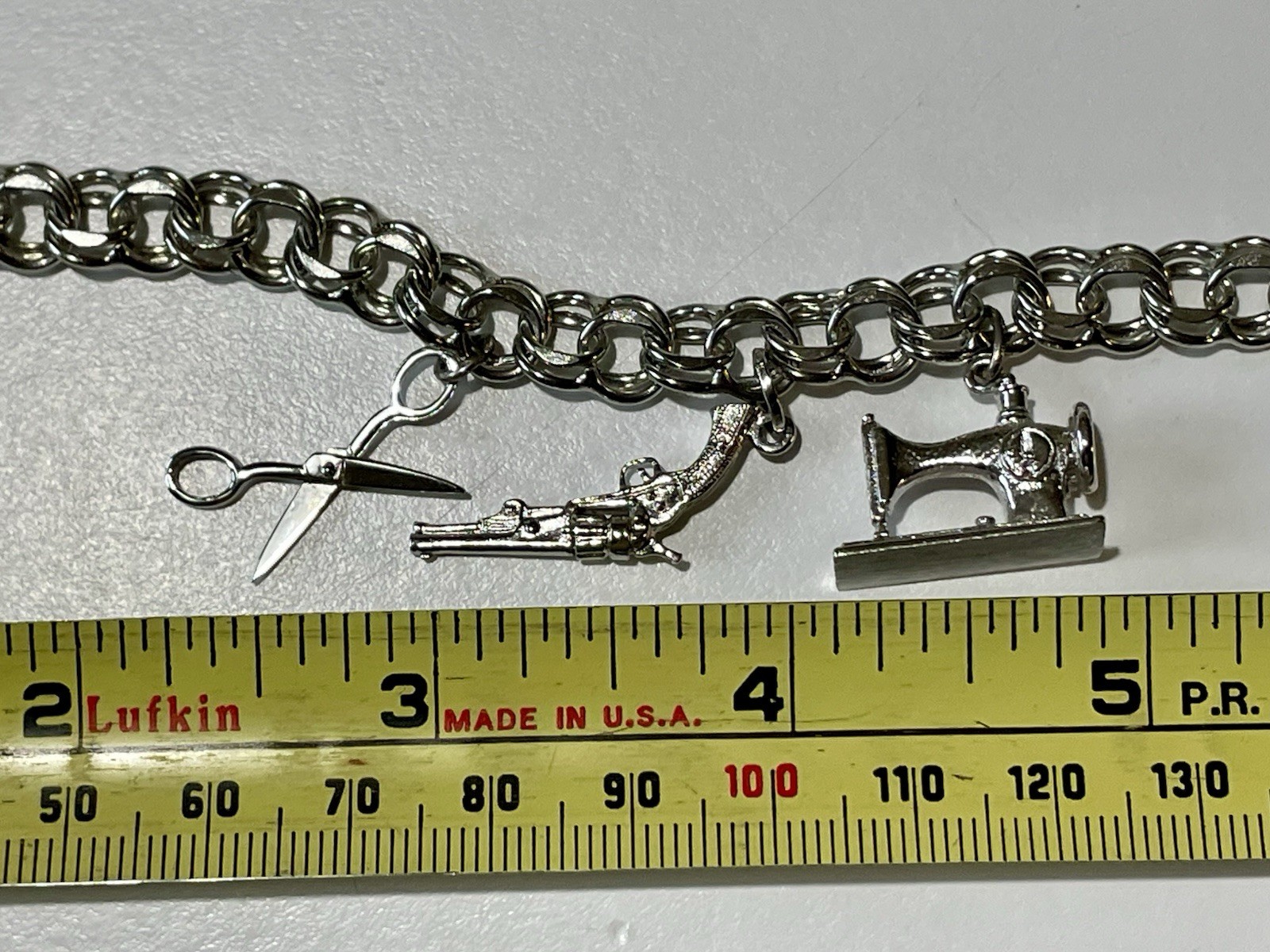 Vtg Sterling Silver Double Link Charm Bracelet 7″ 21g 1950’s Moving Scissors Gun