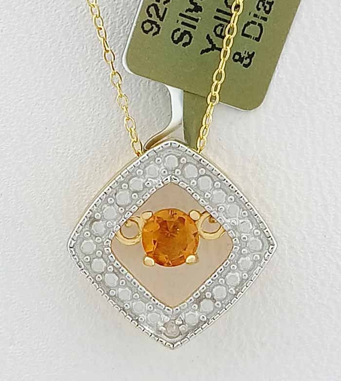 GENUINE 0.23 Cts YELLOW TOPAZ & DIAMOND NECKLACE 14K YELLOW GOLD PLATED (.925)