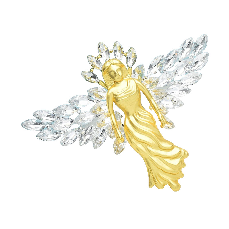 Crystal Angel Brooch Gold Tone Rhinestone Wing Pin Statement Lapel Gift Jewelry
