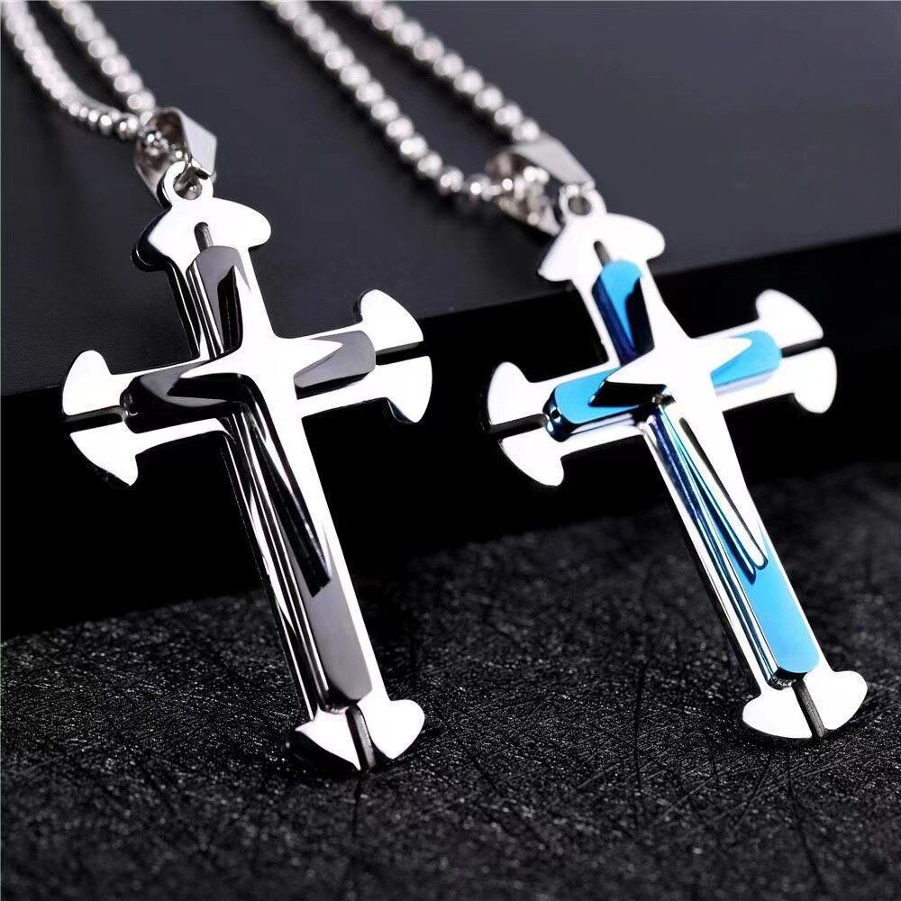 Silver Black Gold Blue Crucifix Cross Pendant Necklace Chain Christian Jewelry