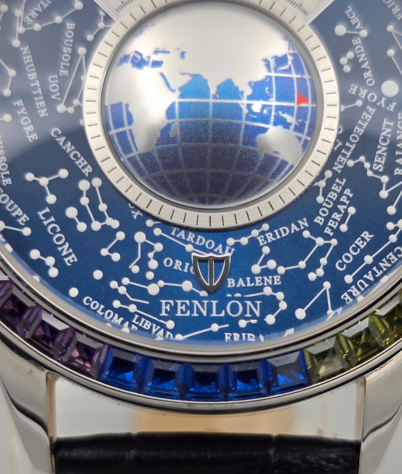 Fenlon Automatic Jump Hour Globe Astronomical Rainbow Bezel Men’s Watch