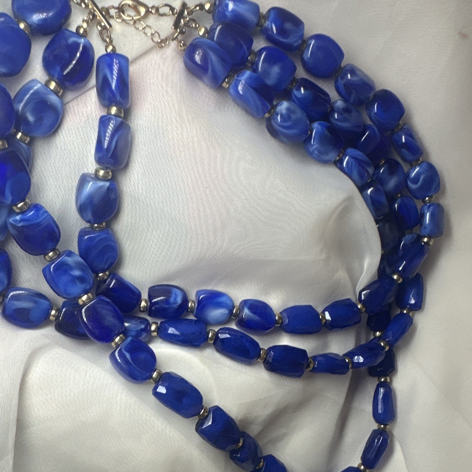 Blue Glass Beaded Multi-Strand Necklace, Silver Tone, Adjustable Lobster Clasp