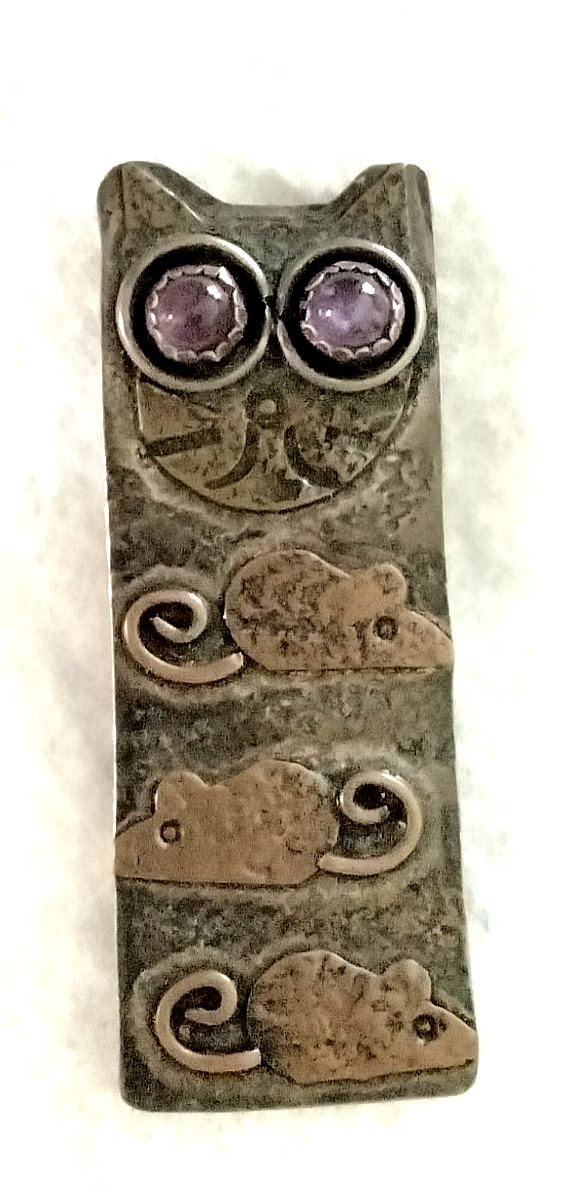 Catherine McElroy Sterling Silver/Copper Cat + Mouse Brooch (116 – 1955)