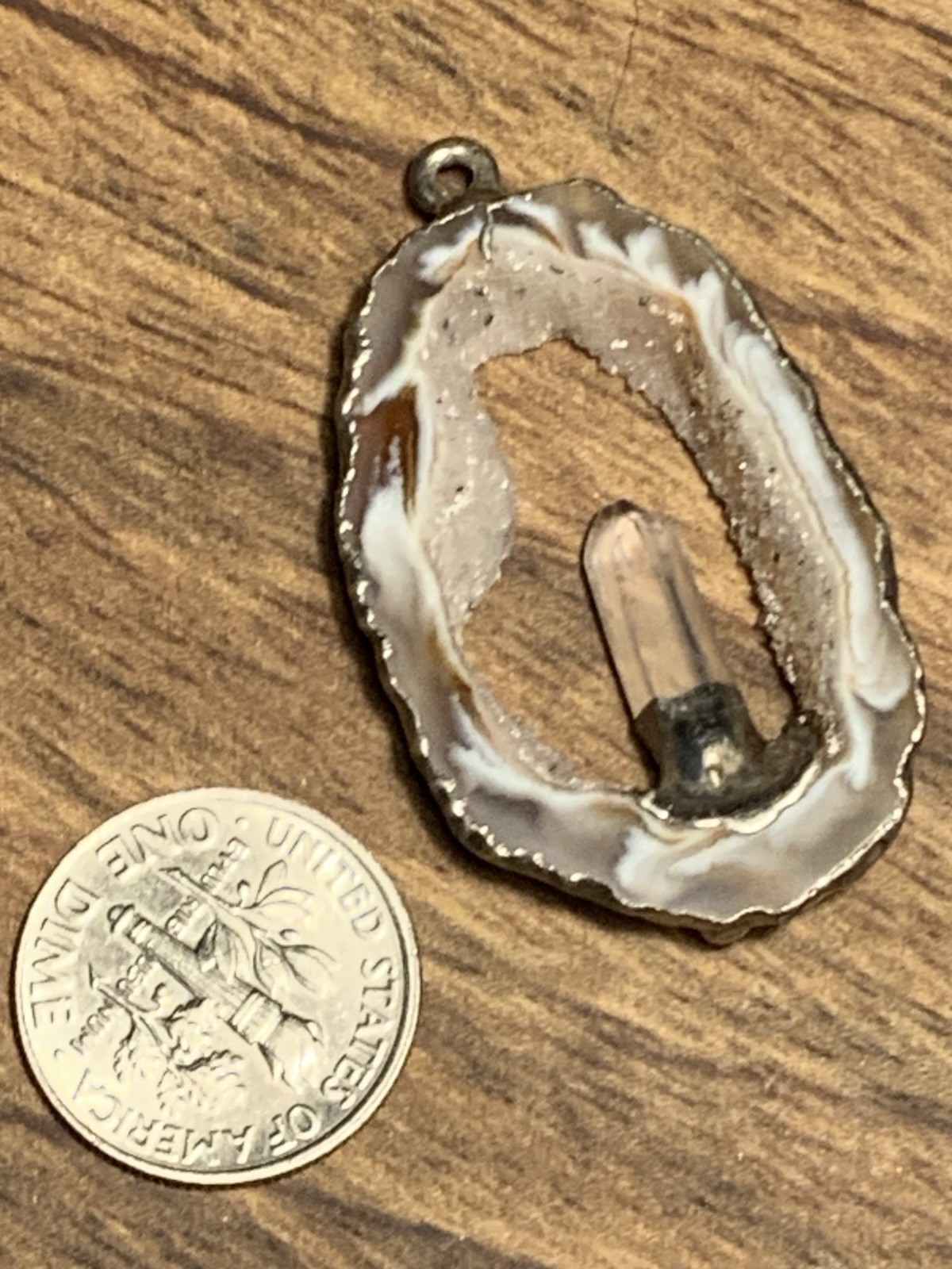 Large Vintage Flame Agate Geode Druzy Crystal Pillar 925 Over Stone Pendant