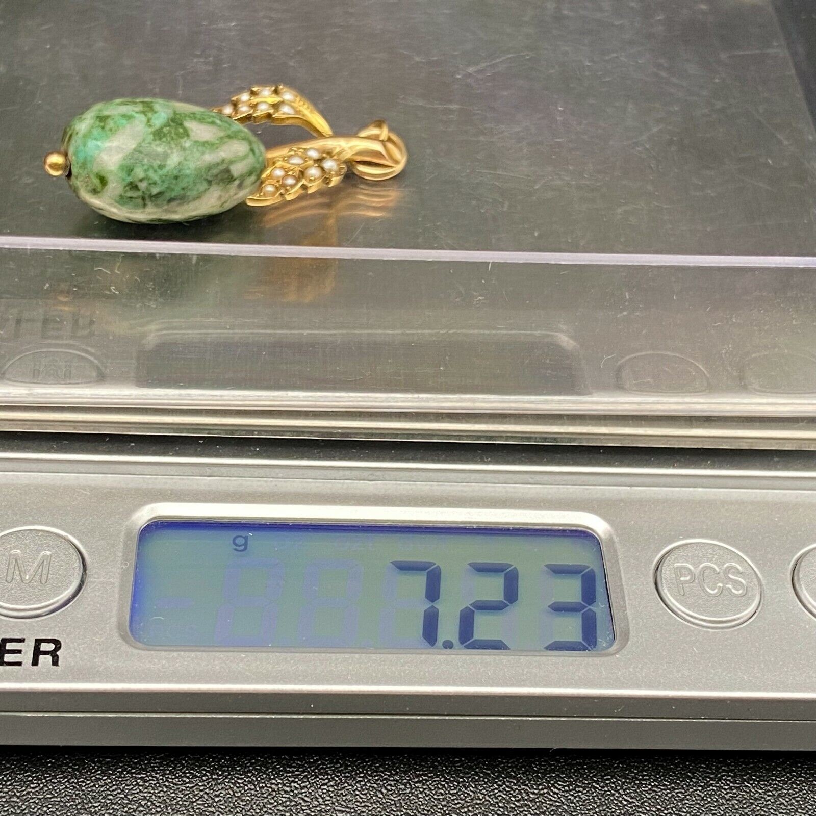 Vintage British 15CT 15K Yellow Gold Pearl Green Stone Pendant