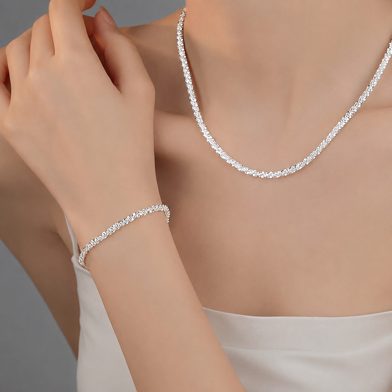 2PCS 925 Sterling Silver Chain Necklace Bracelet Jewelry Set for Women Men