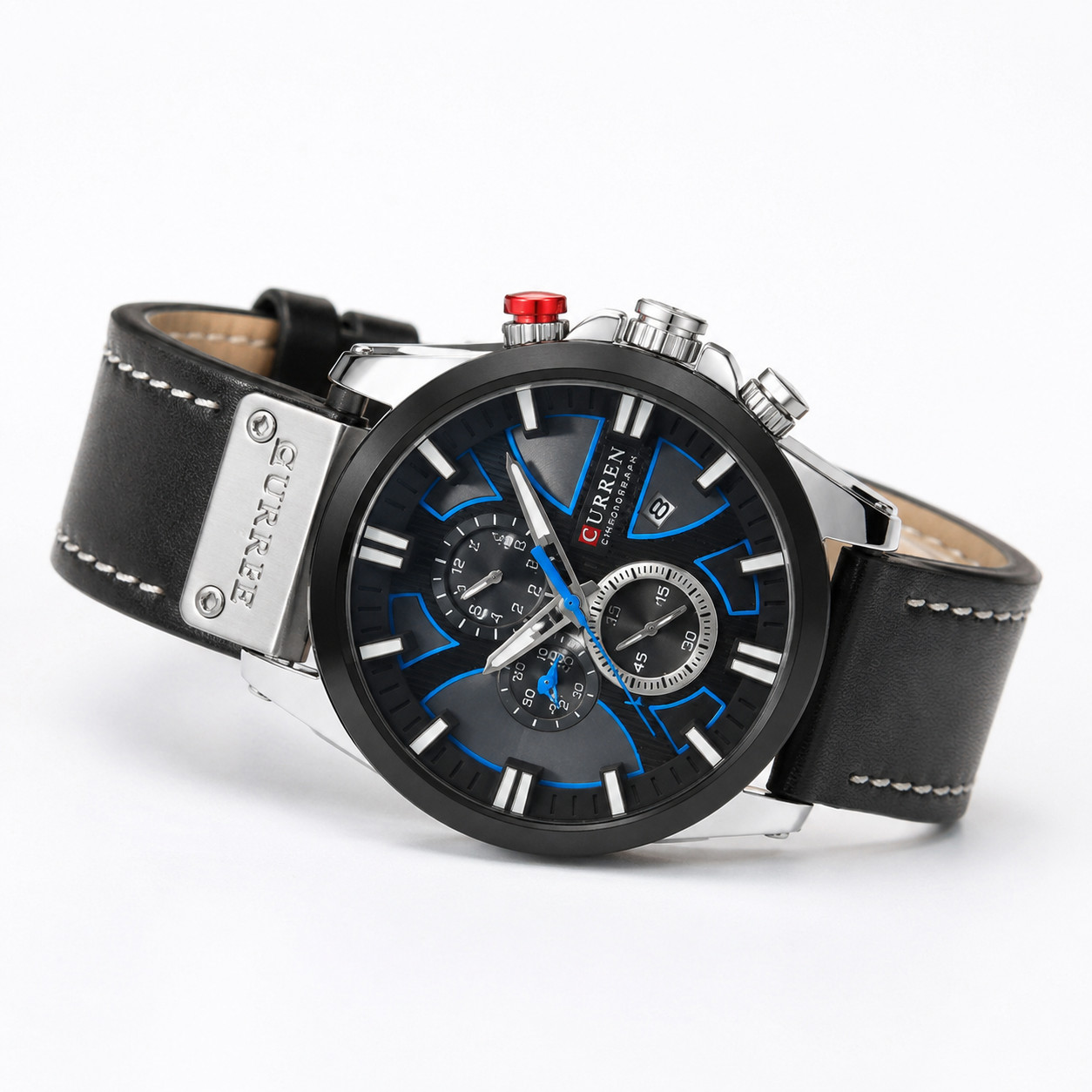 CURREN Men’s Quartz Chronograph Watch Black Leather Strap Luminous Waterproof