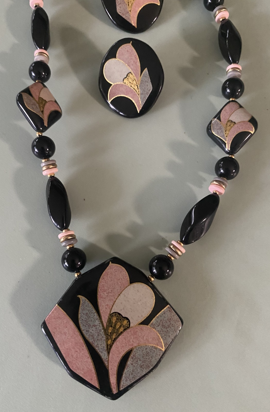 Vintage Enamel Ceramic Clay? Floral Beaded Necklace & Earrings SET Retro