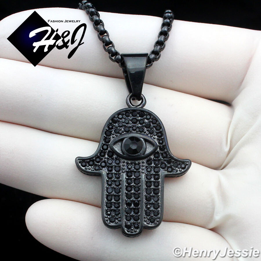 18″-36″MEN Stainless Steel 3mm Black Plated Box Chain CZ Hamsa Hand Pendant*B140