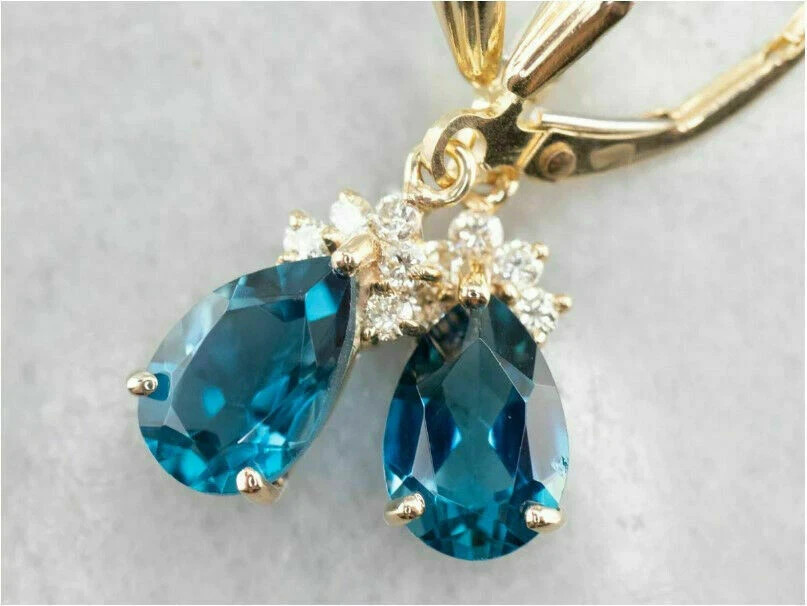 14K Yellow Gold Plated 3Ct Pear Simulated London Blue Topaz Drop-Dangle Earrings