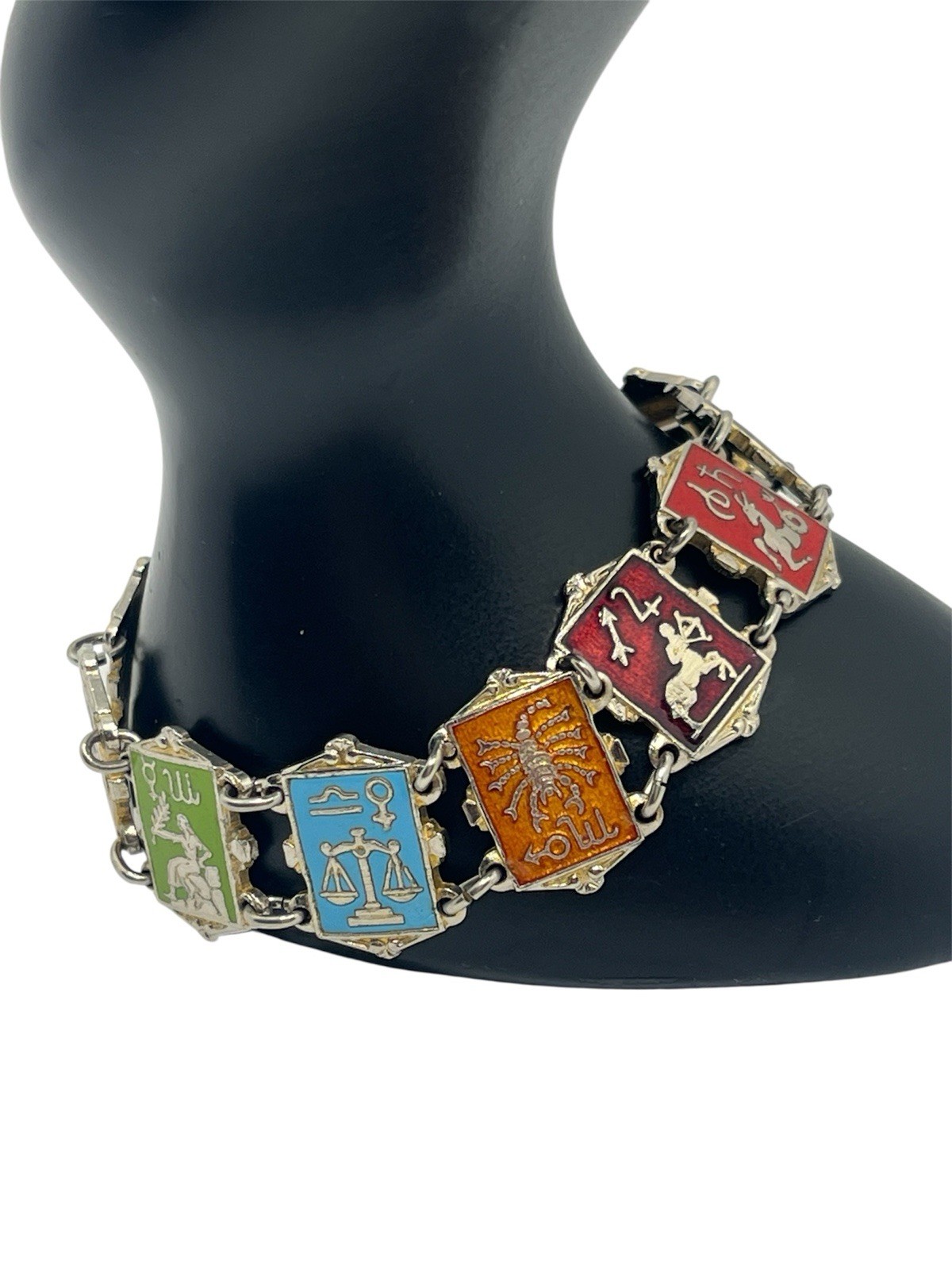Zodiac astrology signs colorful enamel silver tone chain vintage bracelet
