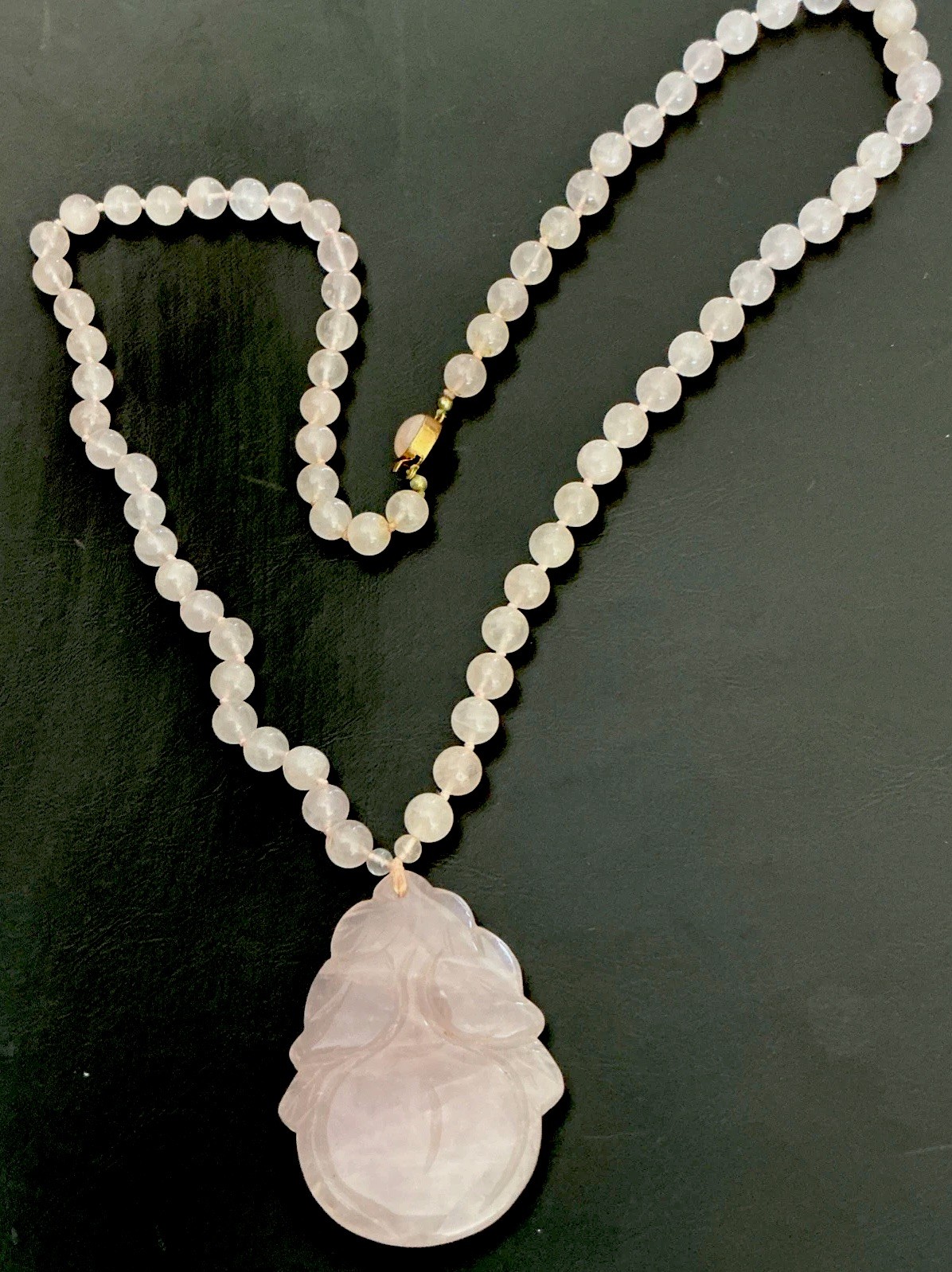 Vintage Rose Quartz Beaded Necklace Handknotted Lotus Carved Pennant 16”