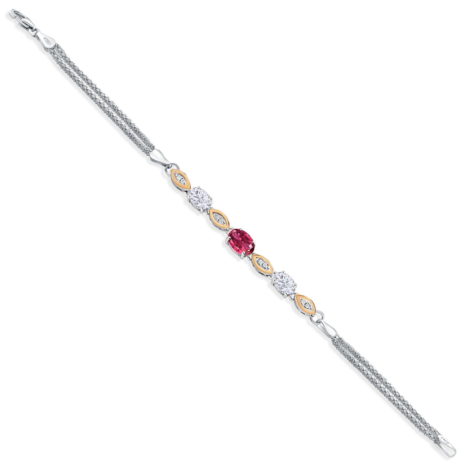 925 Silver and 10K Yellow Gold Pink Tourmaline and White Moissanite and White