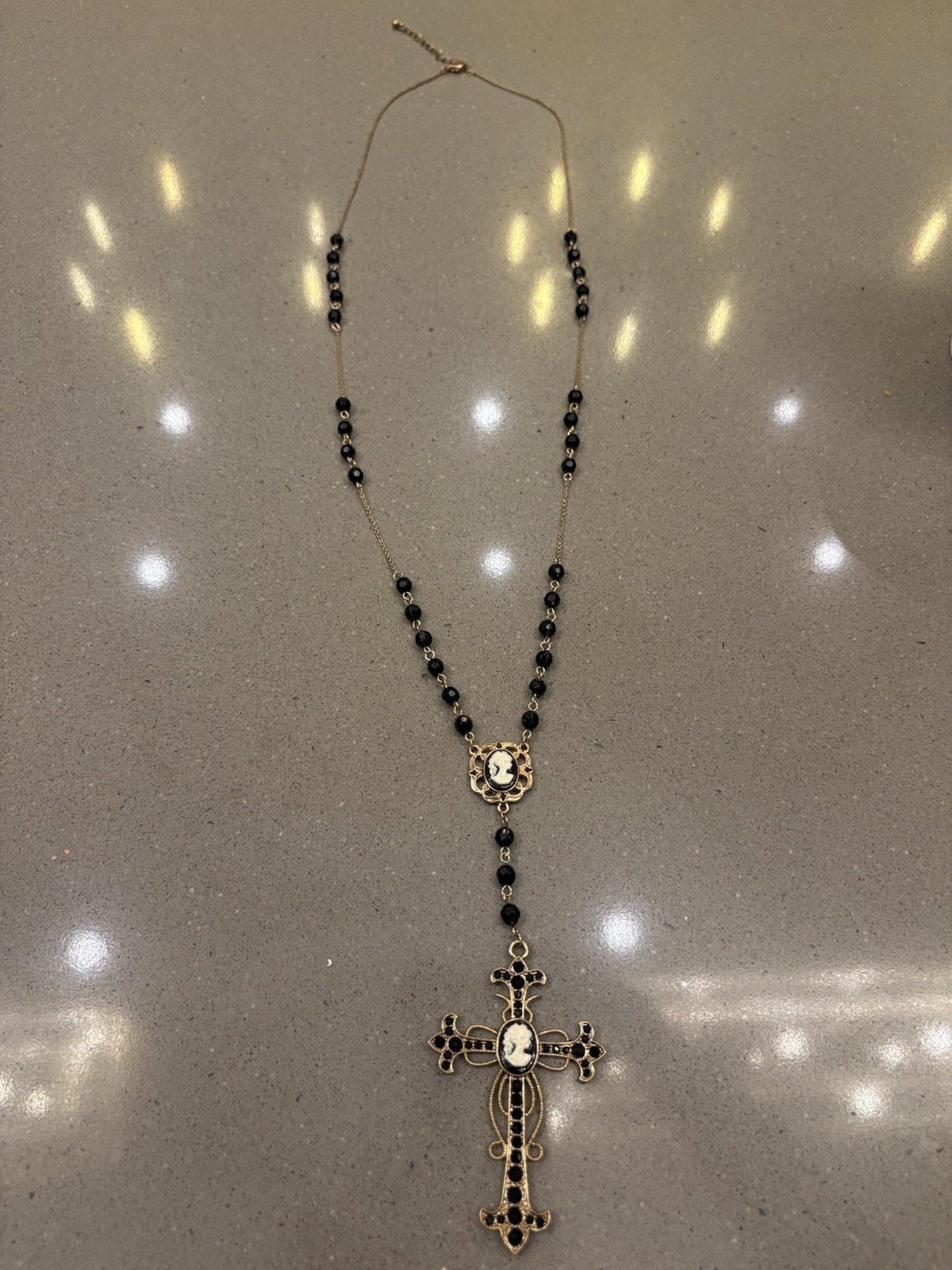 Black & Gold Tone Cameo Cross Pendant Rosary Necklace Gothic Style