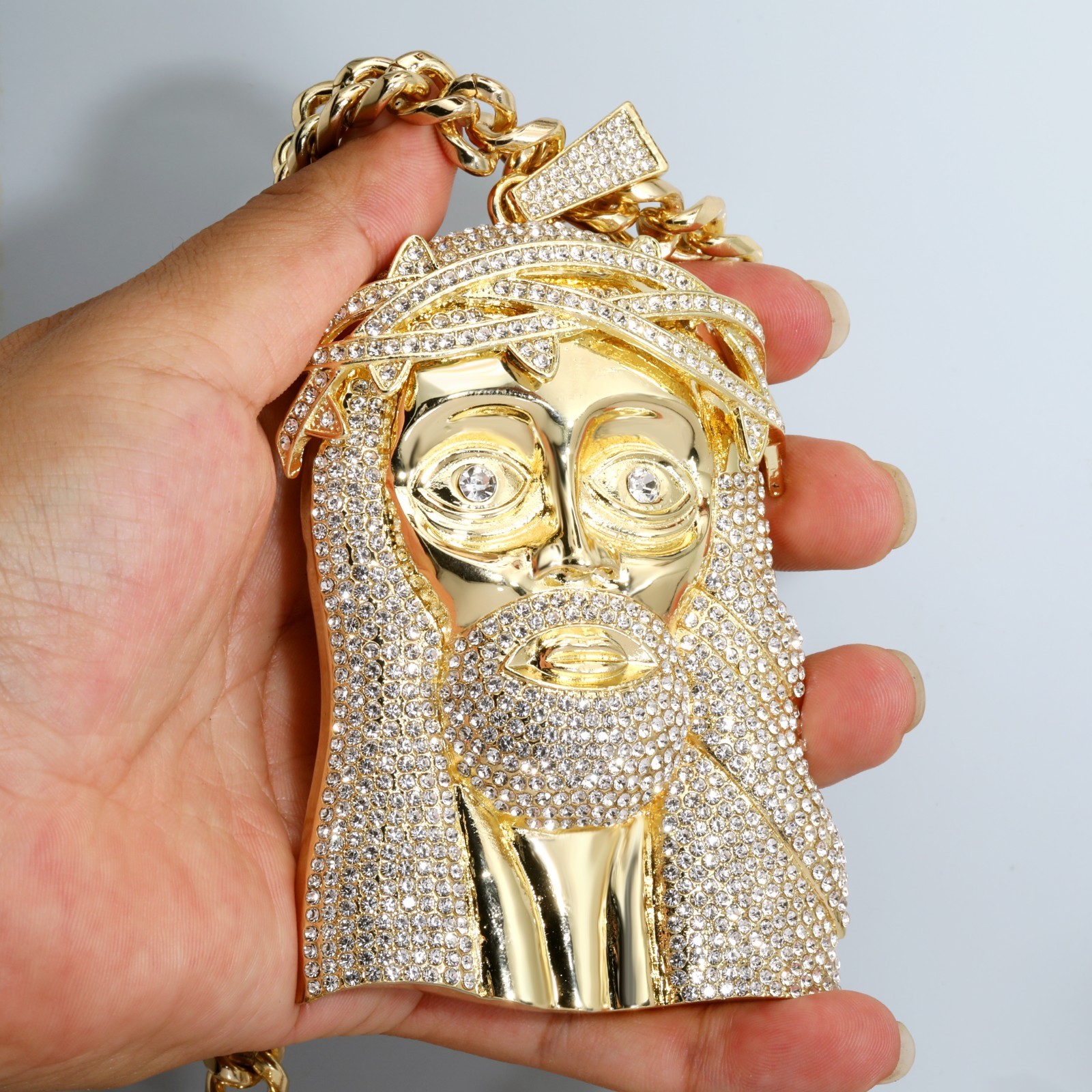 Miami Cuban Curb Chain Necklace 10mm 30In & Crowne Jesus Piece Gold Plated XL