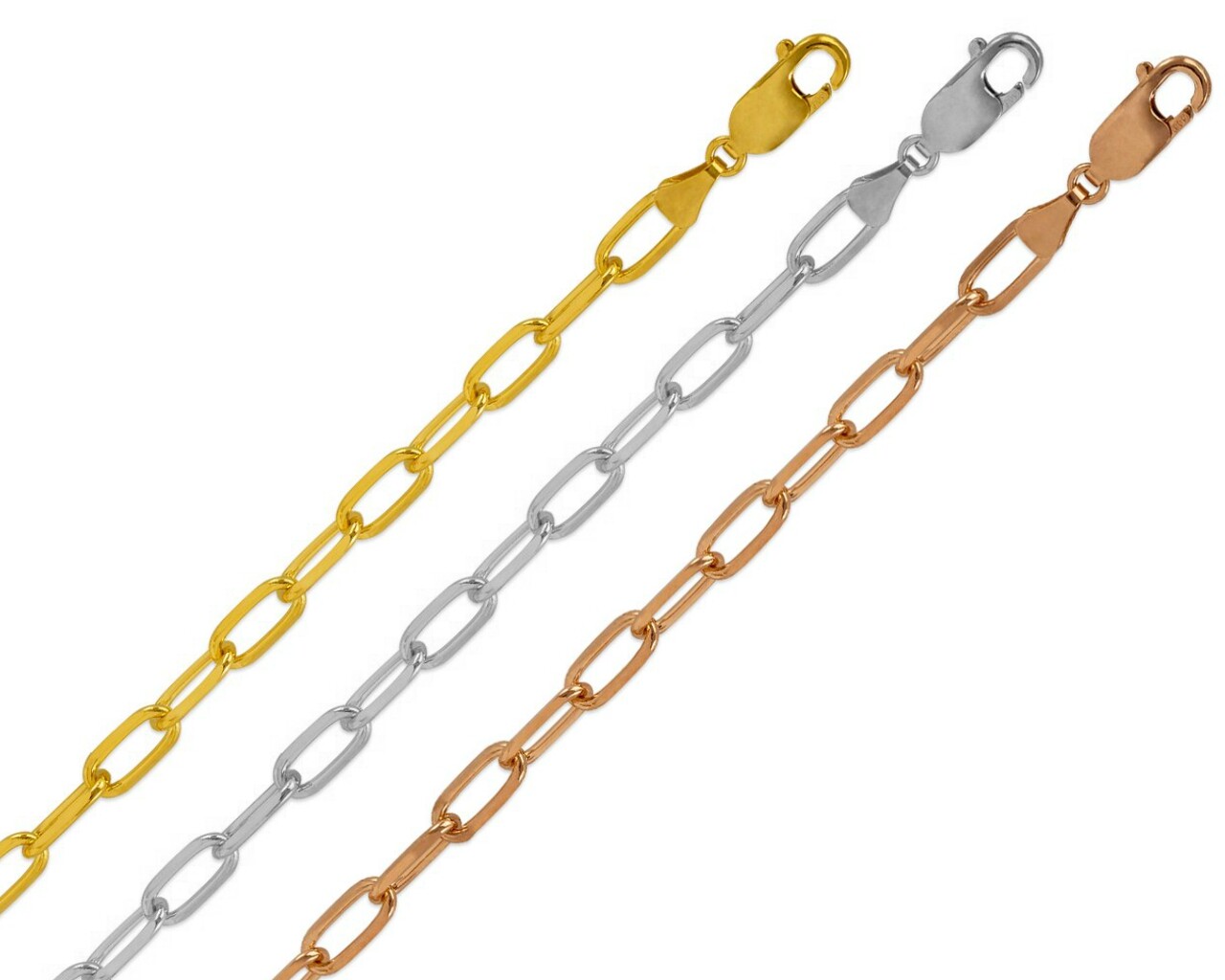 14K Solid Yellow Rose White Gold Paperclip Chain 3-4.5mm Men Women Necklace