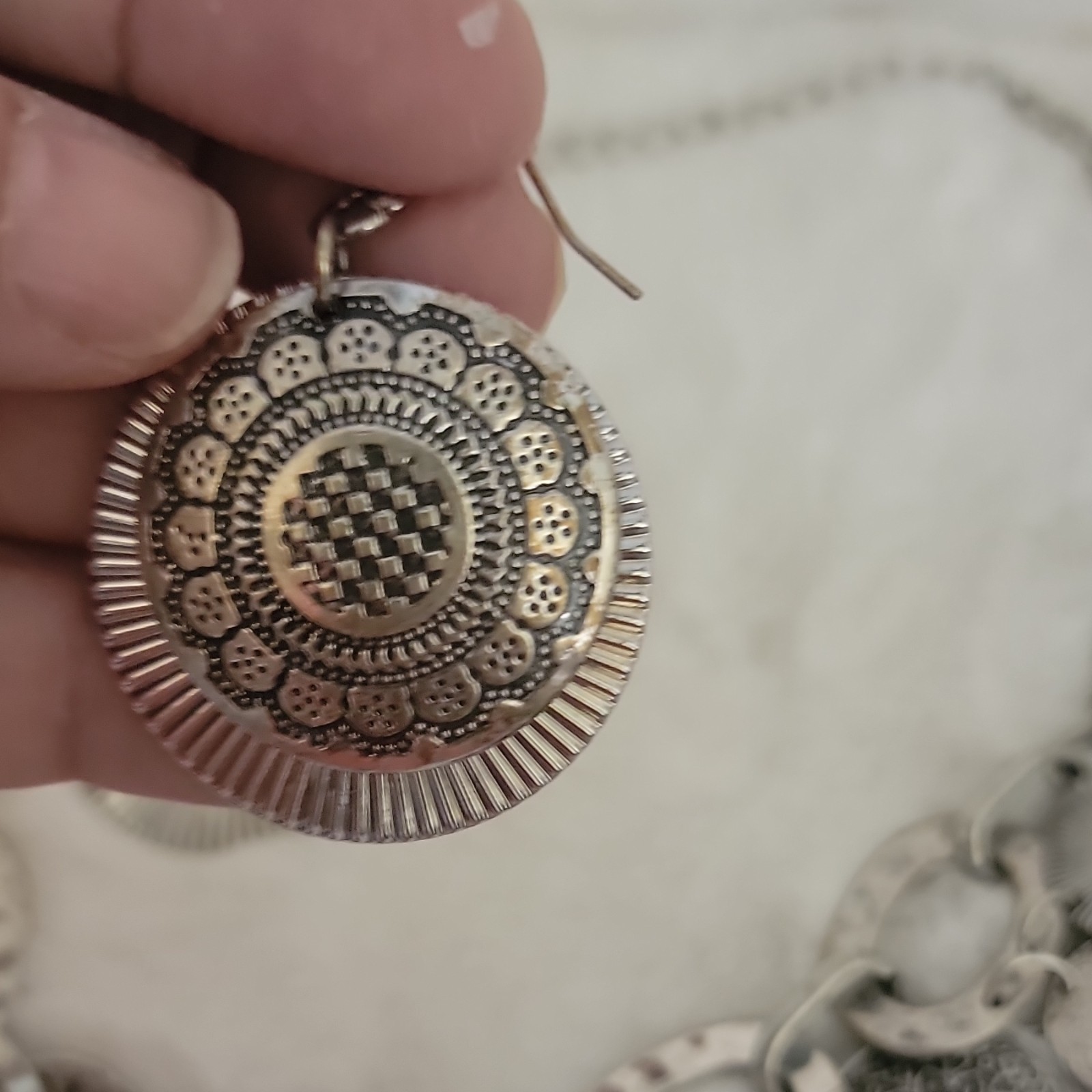 Silver Floral Medallion Embossed Charm Necklace with Matching Earrings