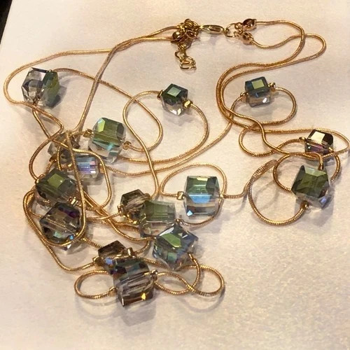 14k Gold Plated Long Sweater Necklace Made Simulated Diamond Aurora Borealis
