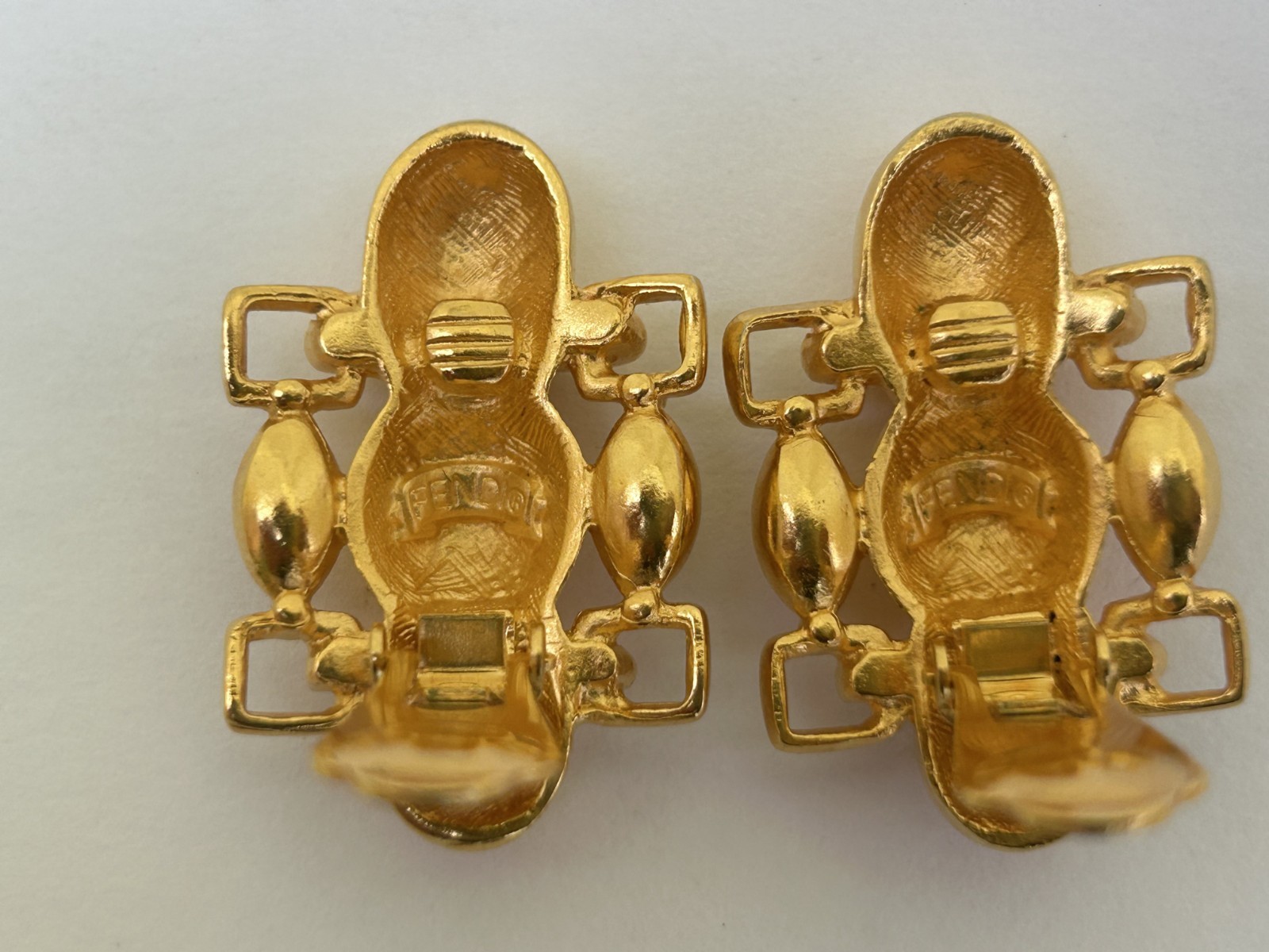 Vintage Signed Fendi FF Logo Clip On Earrings Gold Tone Authentic!