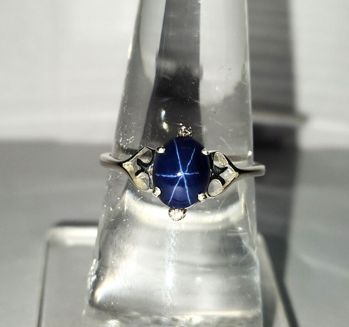 Vintage Style Lab Created Blue Star Sapphire and CZ Diamond Silver Ring