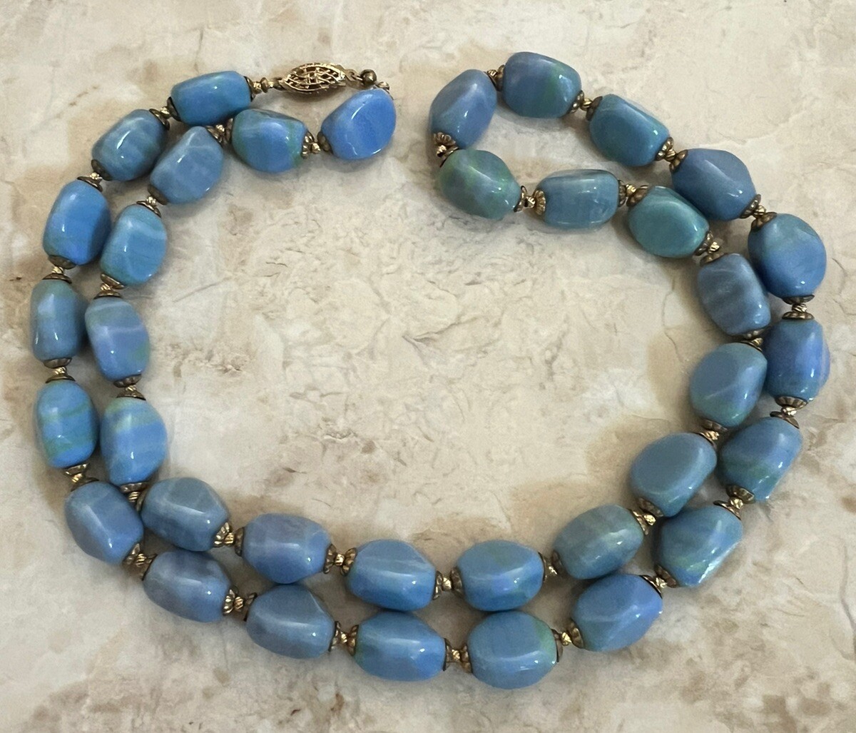 Vintage Periwinkle Blue & Green Slag Art Glass Necklace – Sterling Clasp – 24”