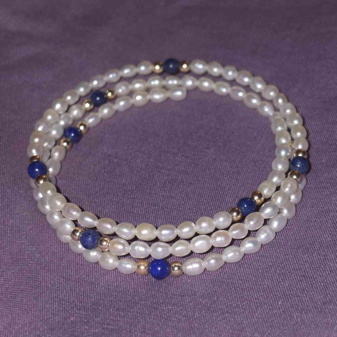 Vintage Freshwater Pearl & Lapis Lazuli Memory Wire Bracelet, Triple Strand Boho