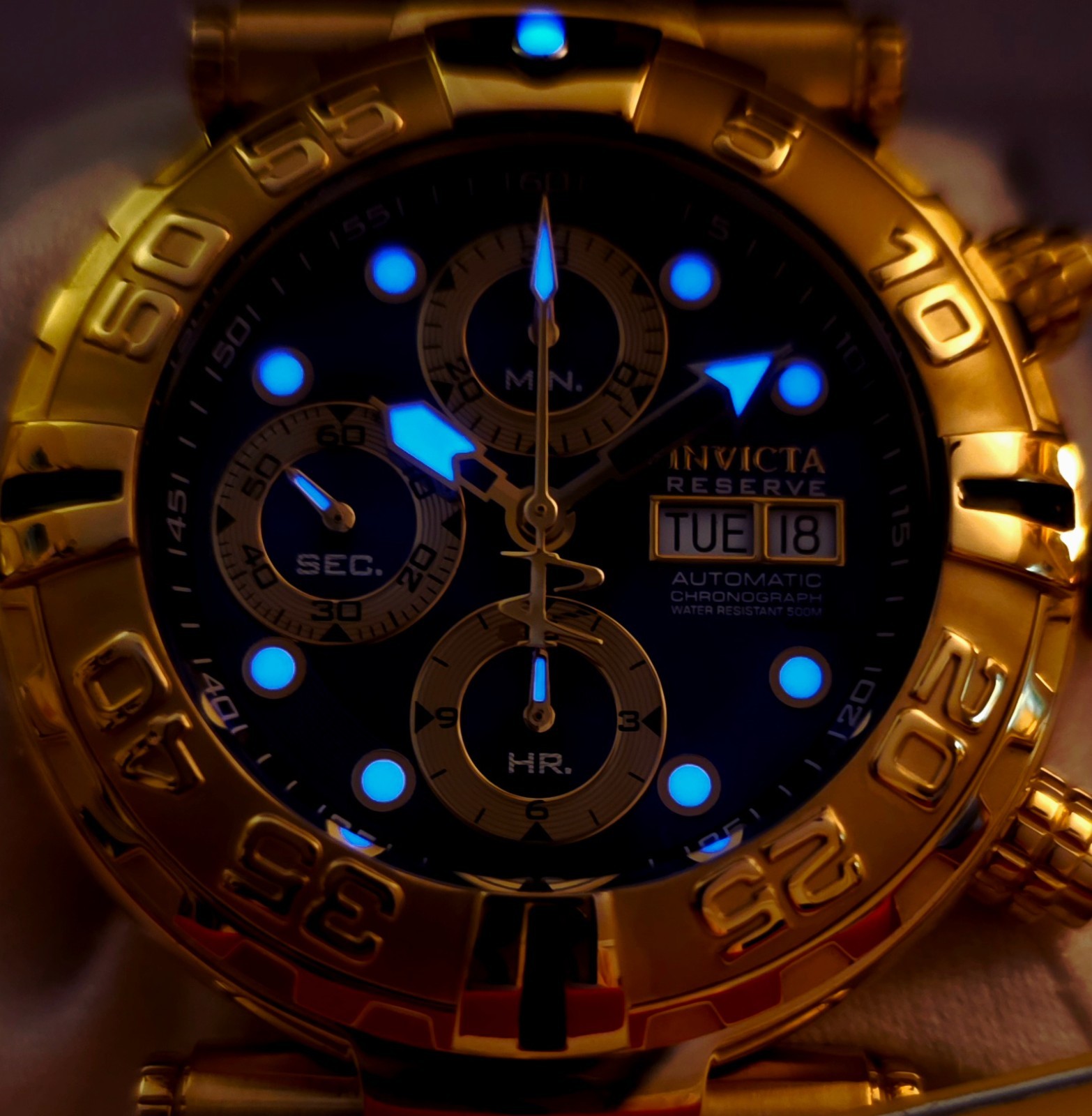INVICTA SWISS MADE SUBACQUA NOMA I VALJOUX 7750 AUTO CHRONO LE BLUE DIAL & 18KT