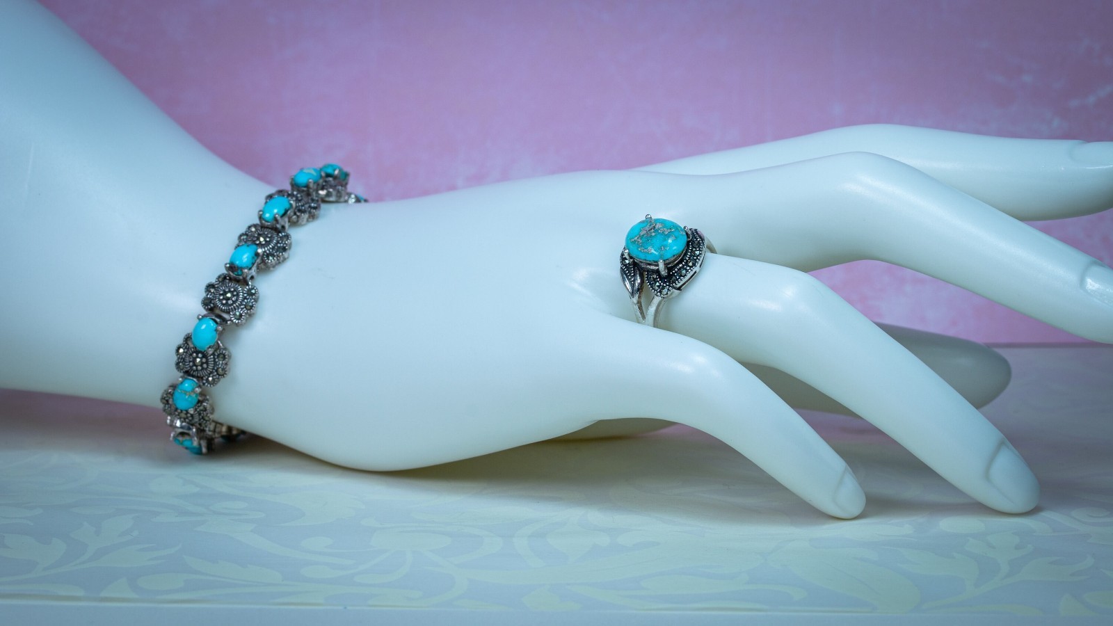 3Pc Jewelry Set for Women Ring Bracelet Necklace CZ Rhodium Persian Turquoise