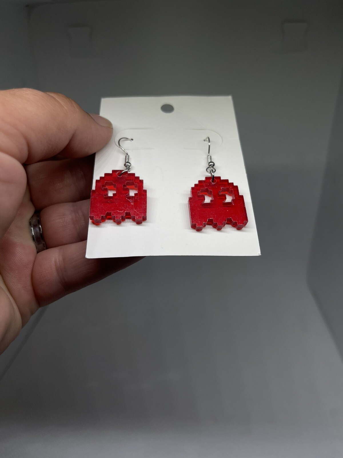 Pac man Ghost Blinky Neon Red see-through Earrings – Plastic NEW