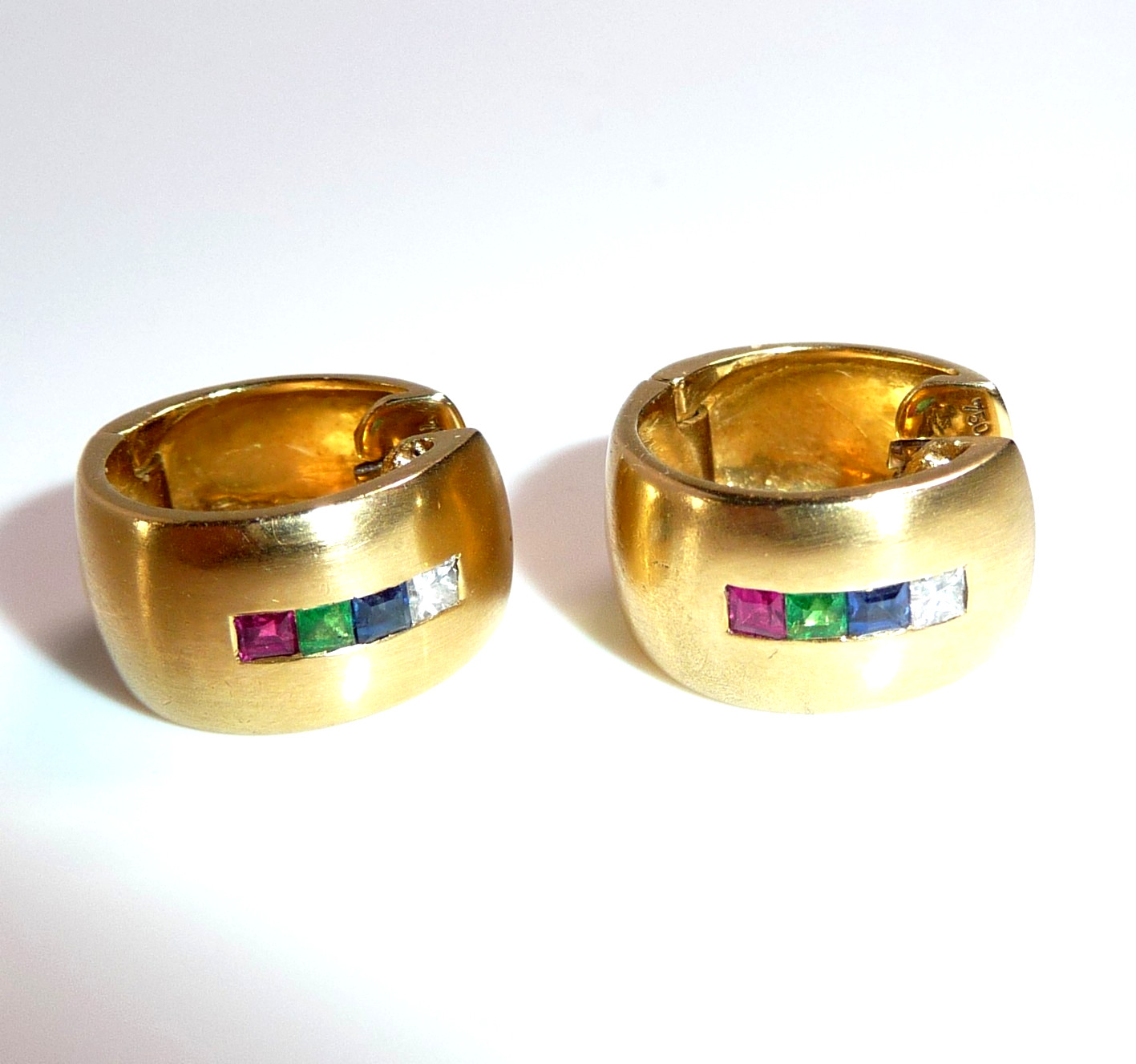 750 Yellow Gold Ruby Sapphire Emerald Diamond Hoop Earrings 9 Grams 15mm