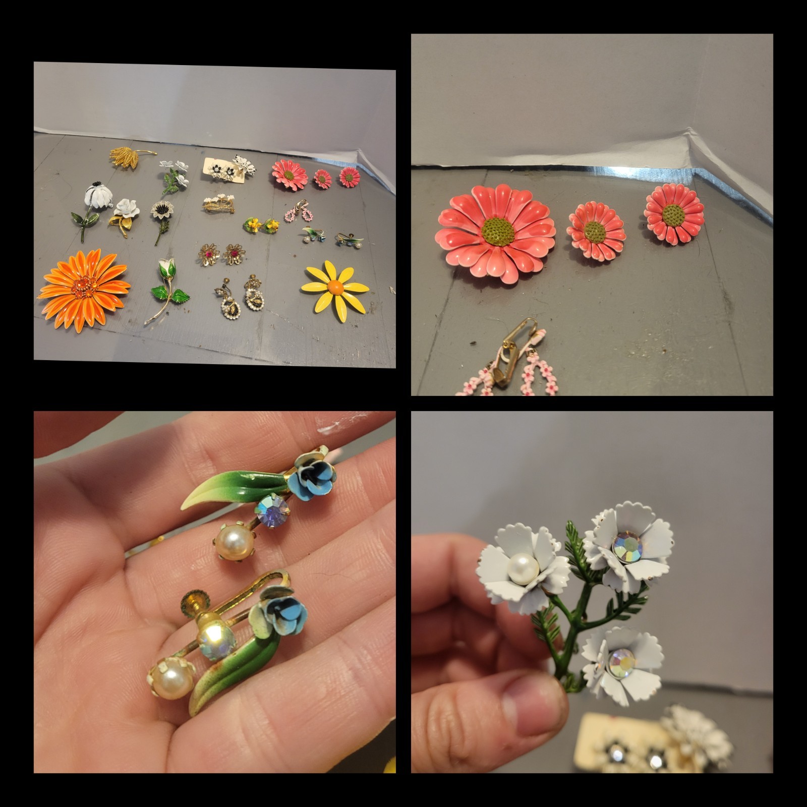 Vintage FLOWER POWER 11 ENAMEL/ METAL BROOCHES PINS And 7 Clip On Earring Pairs
