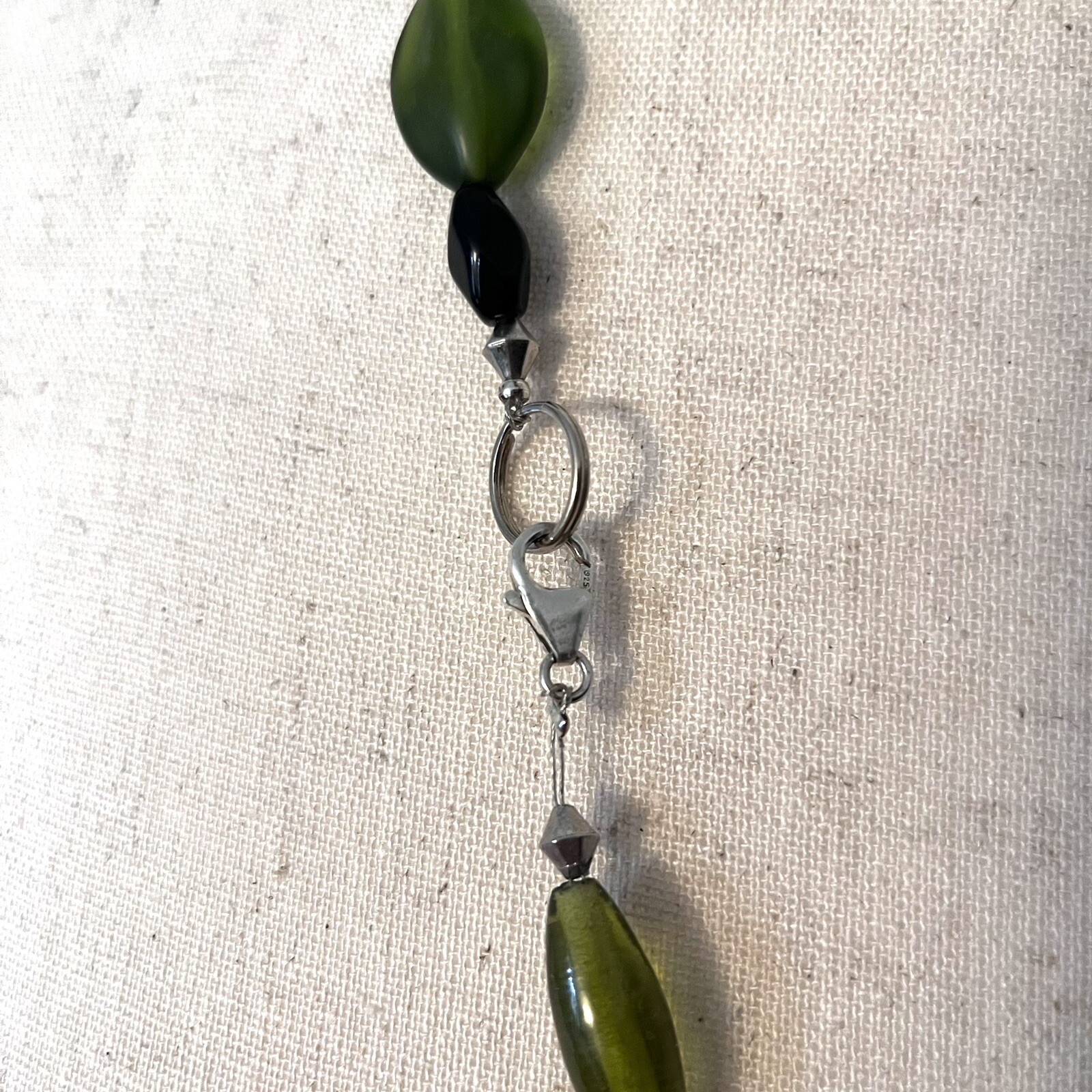 Vintage Glass Bead Chunky Necklace Green Black Stone 36” Silver Clasp Marked 925